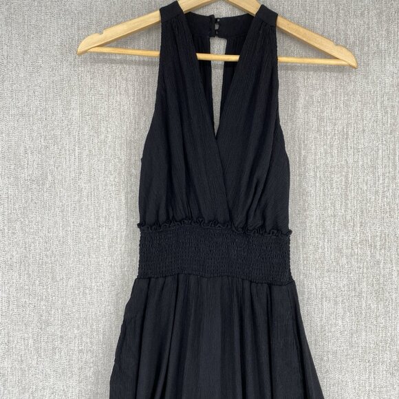 By Anthropologie Jumpsuit Womens XS Black Wide Leg Smocked Halter Keyhole V-Neck - Picture 4 of 16
